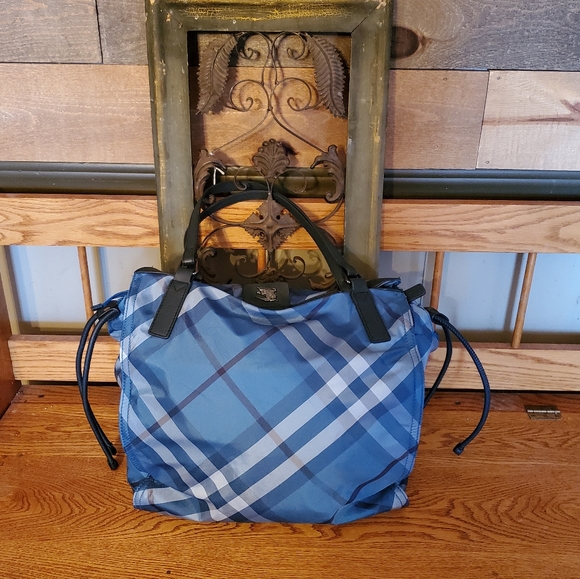 Burberry Blue & Black Plaid Nylon Tote Bag - Picture 5 of 16